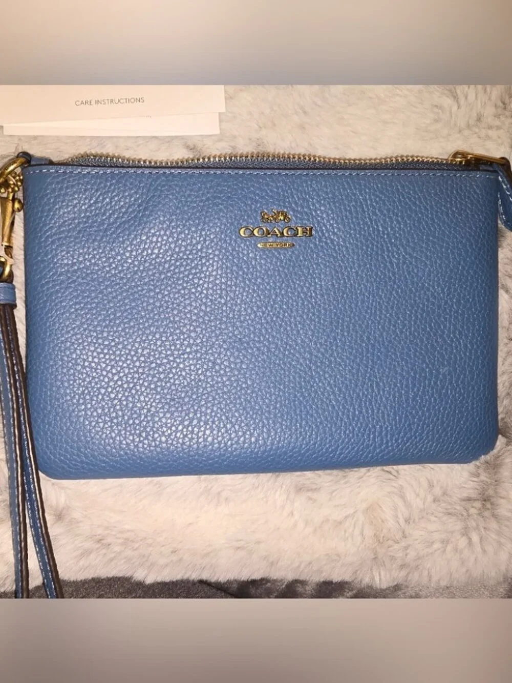 Coach Blue Pebble Leather Wristlet – Gold Hardware, Detachable Strap